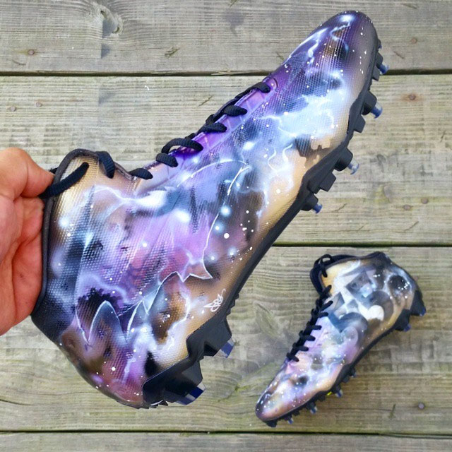 Terrell Suggs wearing Nike Vapor Pro Mid Ravens Galaxy by Dez Customz (1)