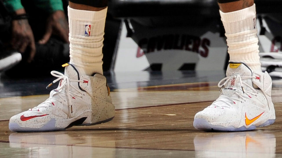 LeBron James wearing Nike LeBron XII 12 White/Red-Navy Speckle PE (6)