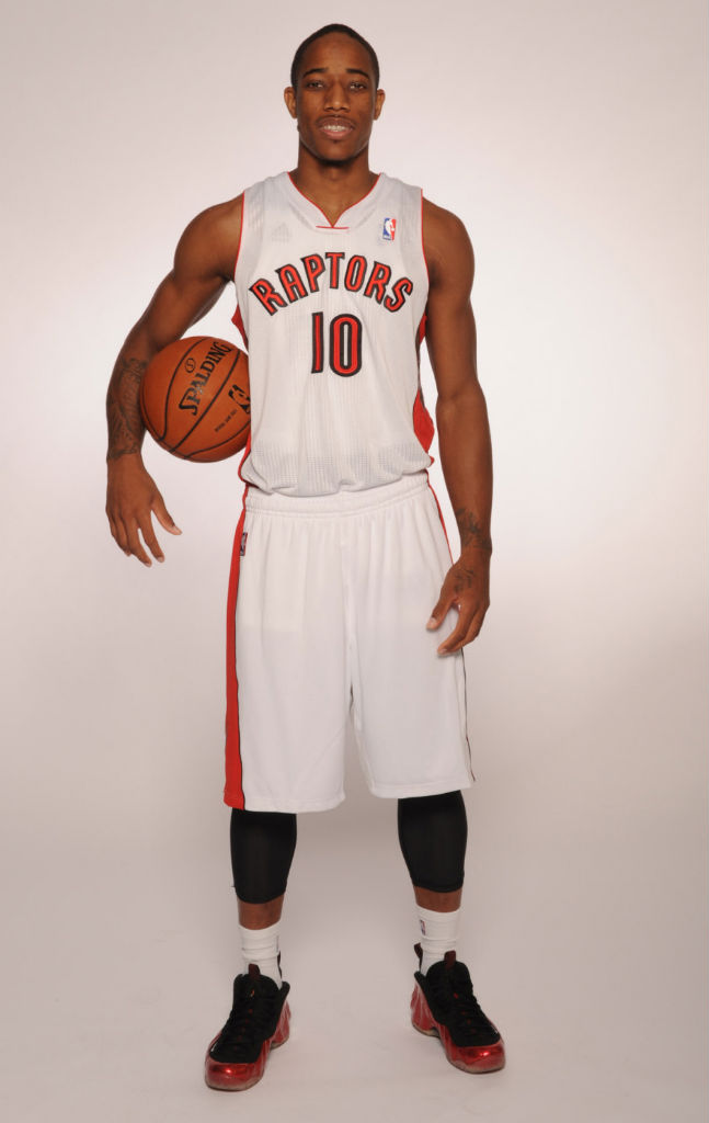 DeMar DeRozan wearing Nike Air Foamposite One Metallic Red