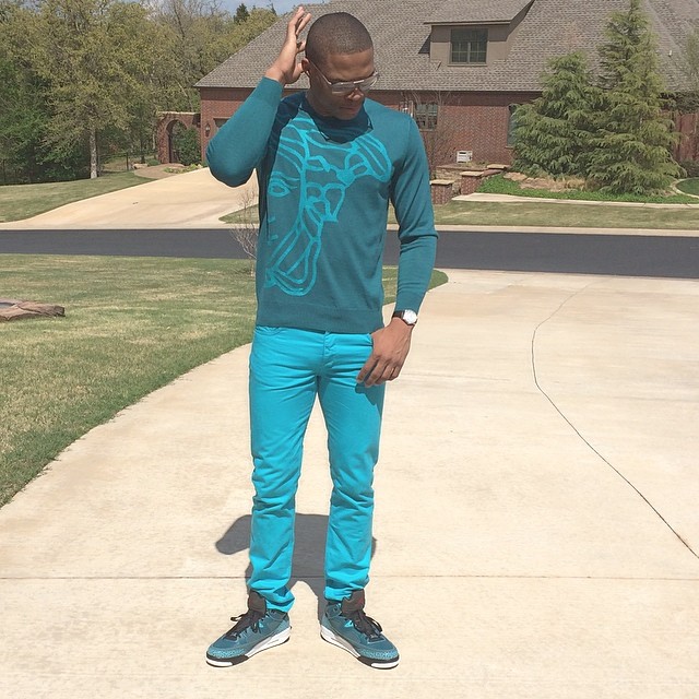 Russell Westbrook wearing Jordan Son of Mars Low Dark Sea