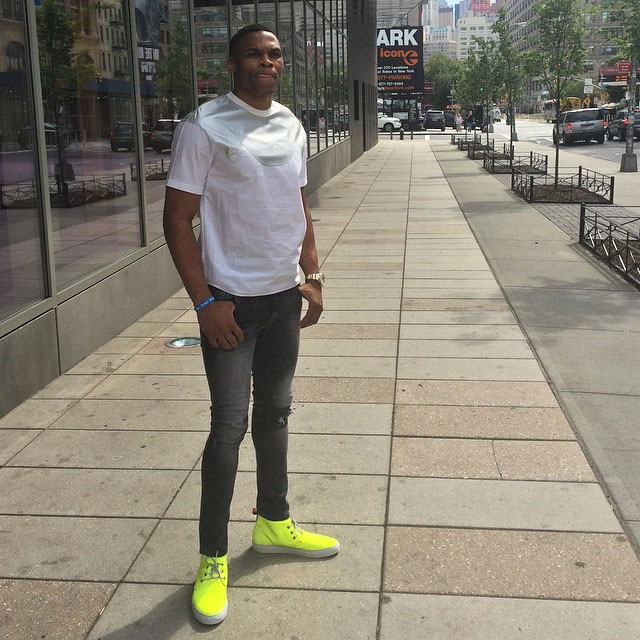 Russell Westbrook wearing Del Toro Neon Yellow Tennis Club Alto Chukka