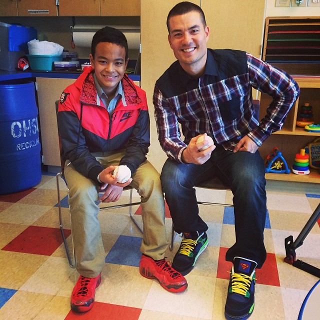 Jeremy Guthrie wearing Air Jordan 4 Doernbecher; Elijah Diggins wearing Nike Air Foamposite One Doernbecher