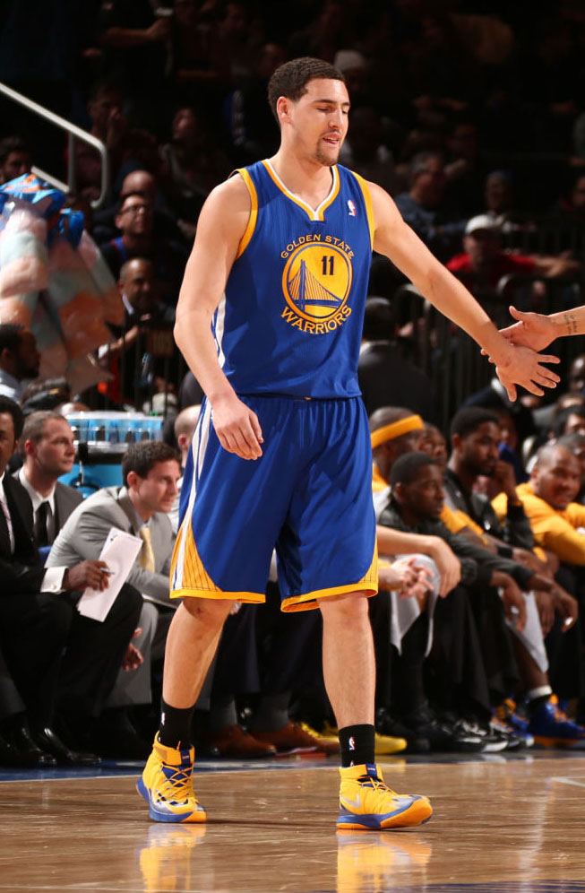 Klay Thompson wearing Nike Zoom HyperRev Yellow/Blue PE