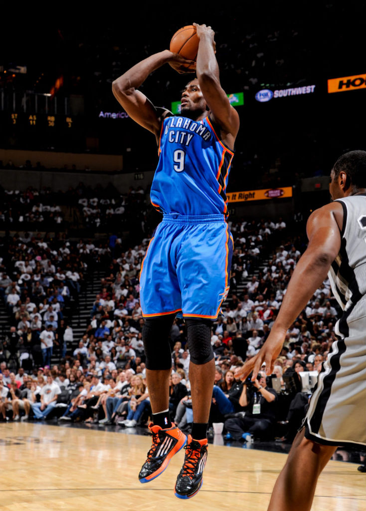 Serge Ibaka wearing adidas adizero Ghost 2 PE