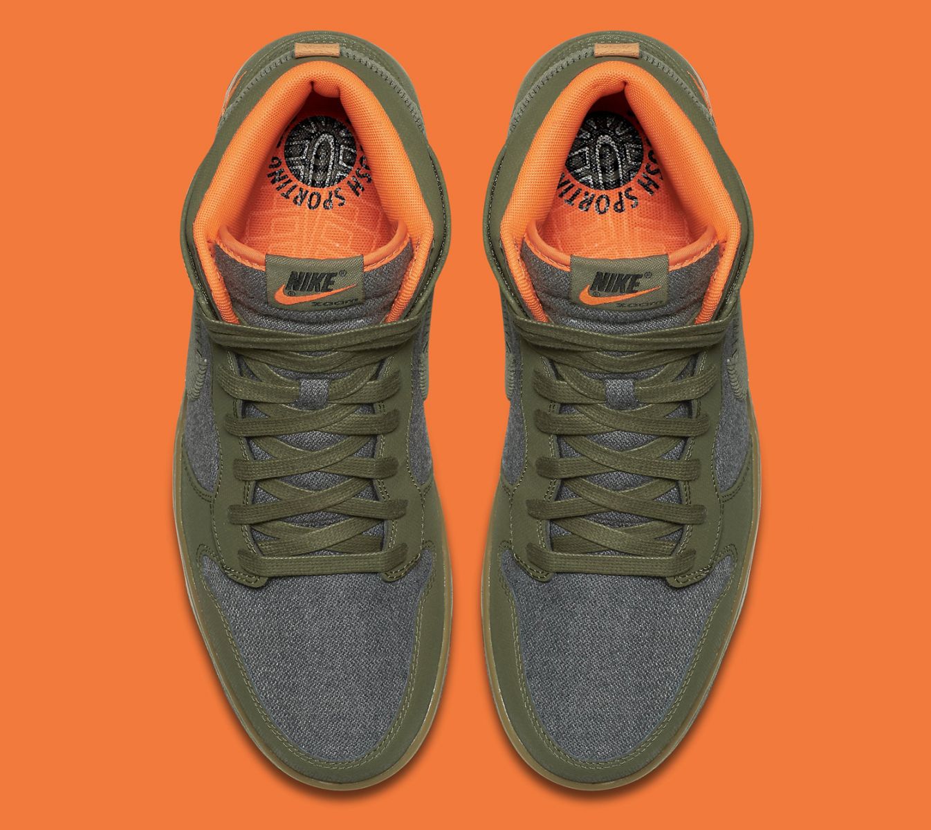 olive green nike dunks with organge inside