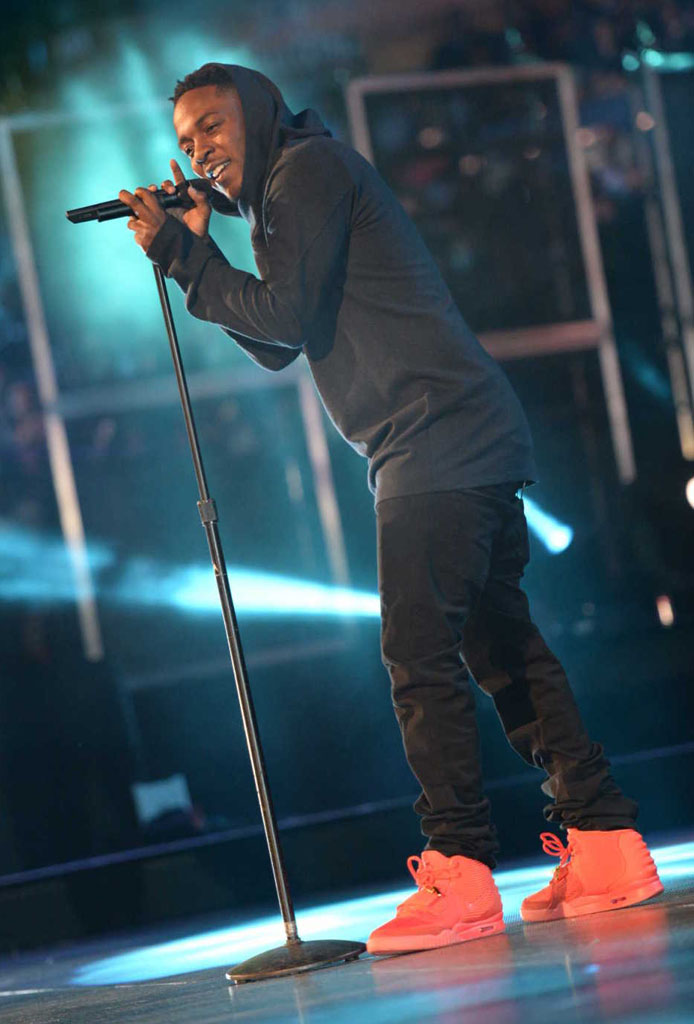 Kendrick Lamar wearing Nike Air Yeezy 2 Red October