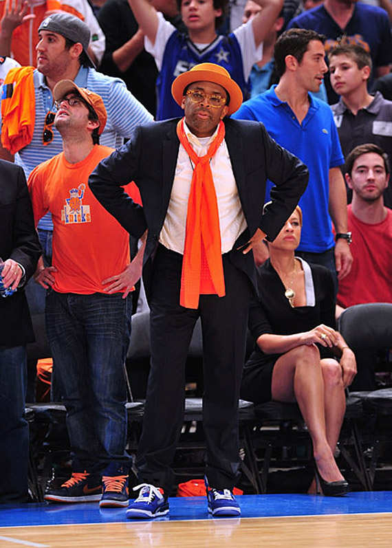 Spike Lee wearing Blue Knicks Jordan Spiz'ike Against Celtics