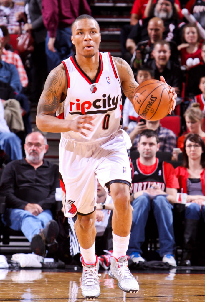 Damian Lillard wearing adidas Rose 3.5 Home