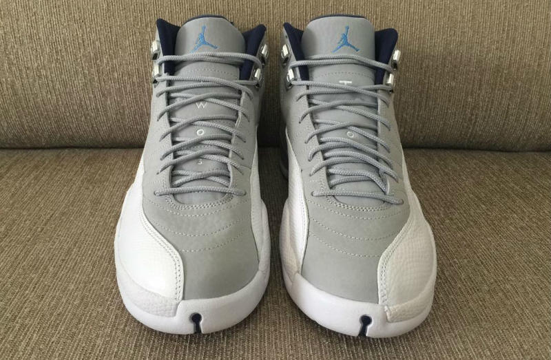 jordan 12 grey university blue on feet