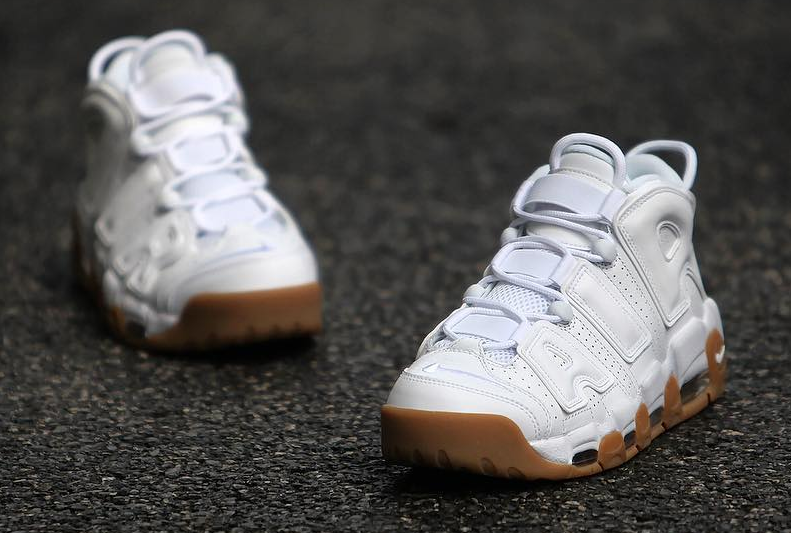 nike uptempo white gum on feet