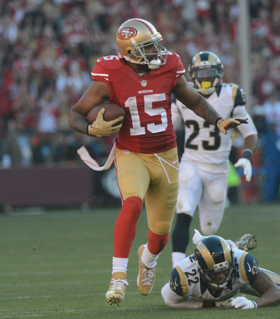 Michael Crabtree wearing Air Jordan 12 49ers Gold PE Cleats (2)