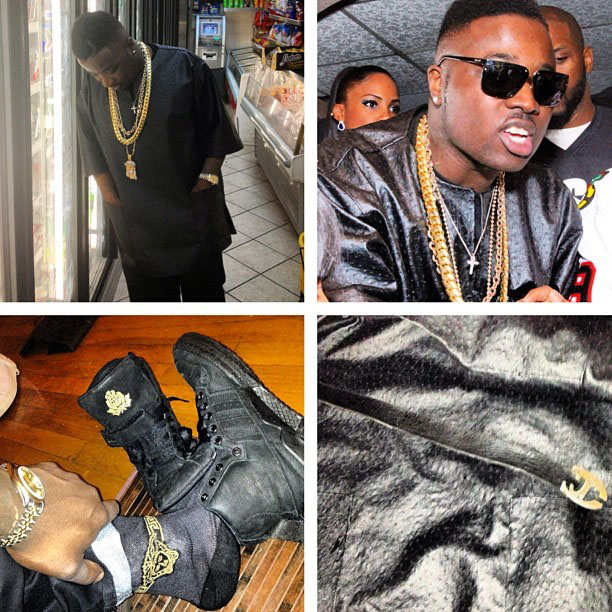 Troy Ave wearing Frank the Butcher x adidas Originals Forum Crest Hi