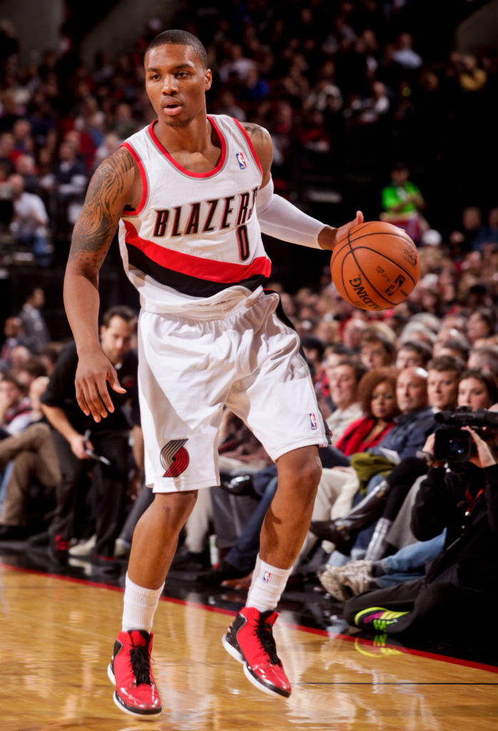 Damian Lillard wearing adidas Rose 773 Light Scarlet