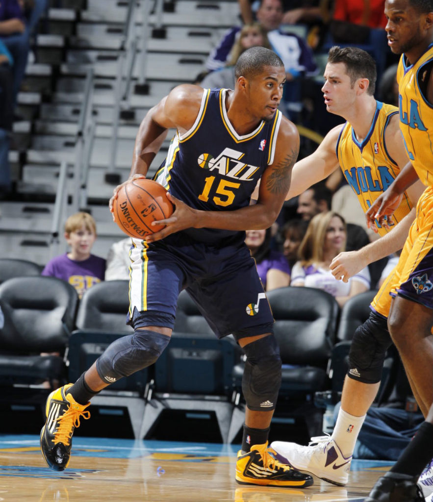 Derrick Favors wearing adidas adizero Ghost 2 Black Yellow