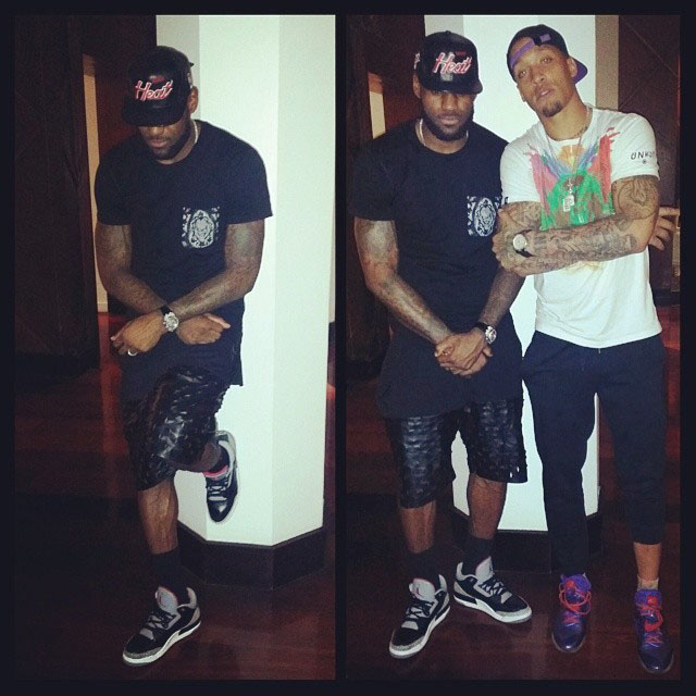 LeBron James wearing Air Jordan 3 Black Cement; Michael Beasley wearing Nike CJ81 Trainer Max Megatron