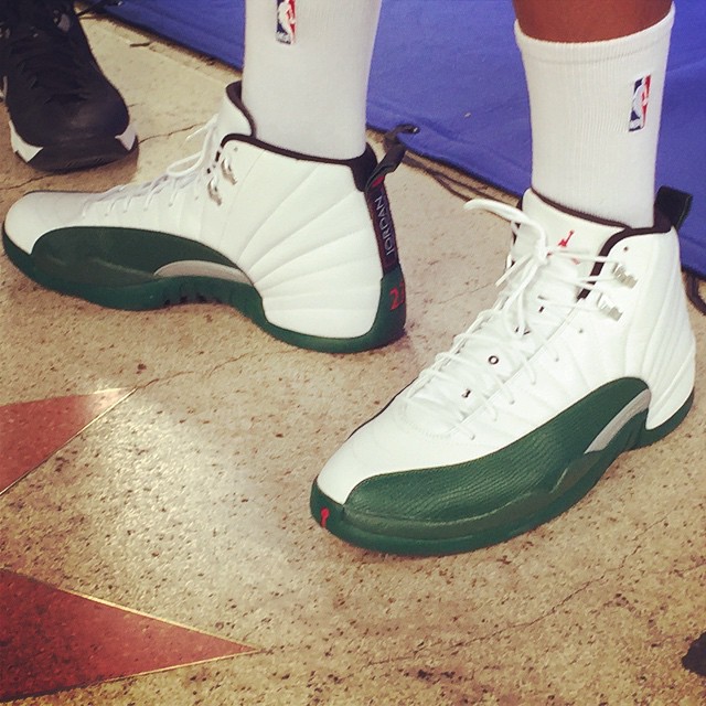 Jabari Parker wearing ir Jordan XII 12 Bucks PE