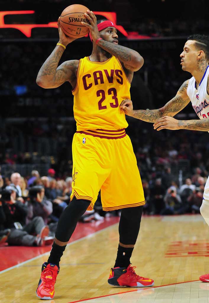 LeBron James wearing Red/Navy-Yellow Cavs Nike LeBron XII 12 PE (1)