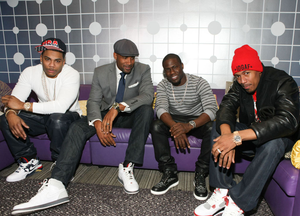 Nelly wearing Nike Air Force 180 Olympic; Boris Kodjoe wearing Air Jordan 1 Retro '93; Nick Cannon wearing Air Jordan 4 IV Retro Fire Red