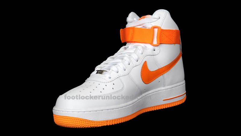 orange and white high top air force ones