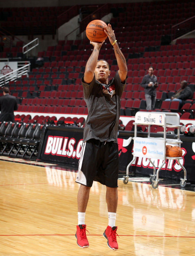 Derrick Rose wearing adidas Rose 3 Light Scarlet