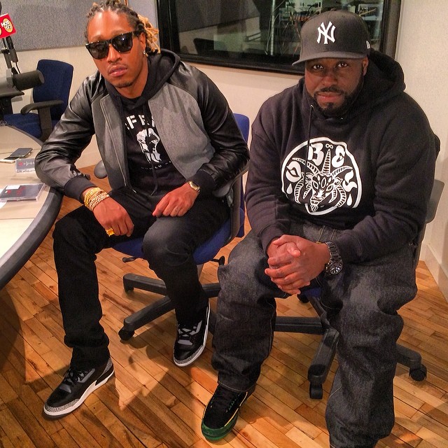 Future wearing Air Jordan III 3 Black Cement; DJ Funk Flex wearing Air Jordan II 2 Doernbecher