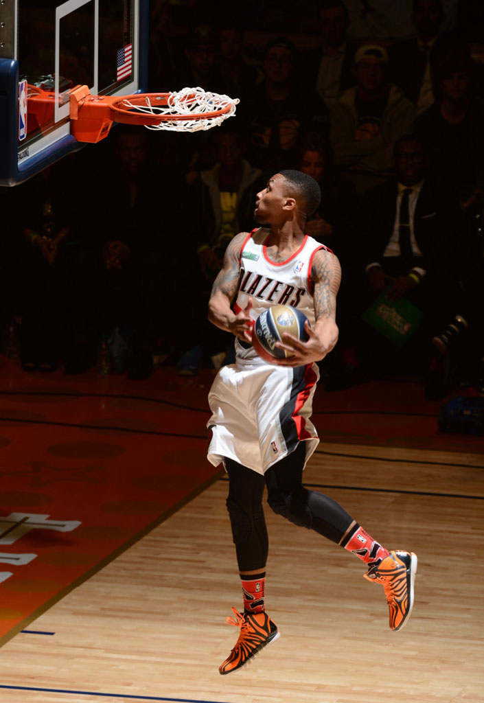 Damian Lillard wearing adidas D Rose 4.5 Tiger