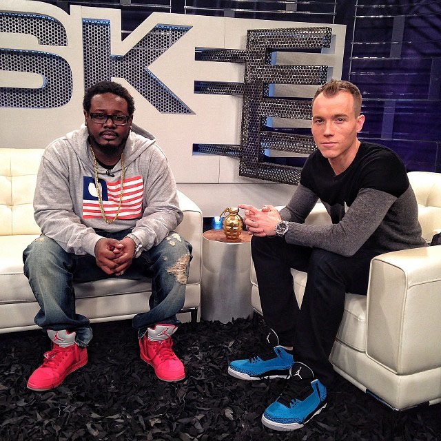 DJ Skee wearing Air Jordan 3 Powder Blue; T-Pain wearing Jordan Prime 5 Red