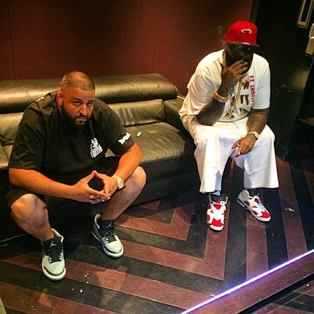 DJ Khaled wearing Air Jordan III 3 Wolf Grey; Rick Ross wearing Air Jordan VI 6 Carmine