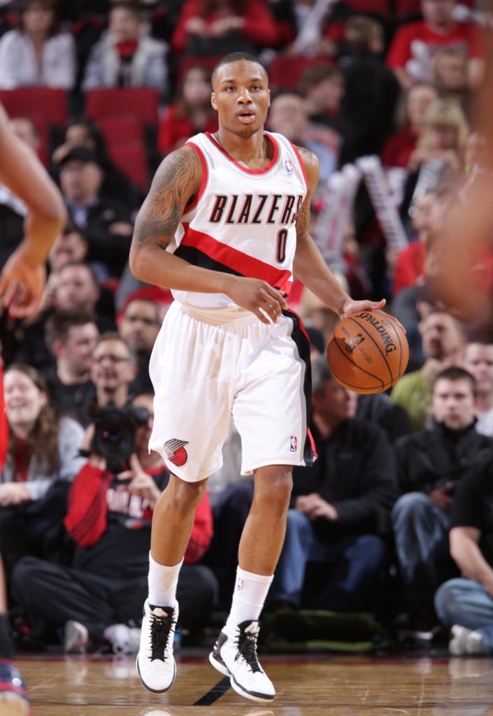 Damian Lillard wearing adidas Rose 773 Home