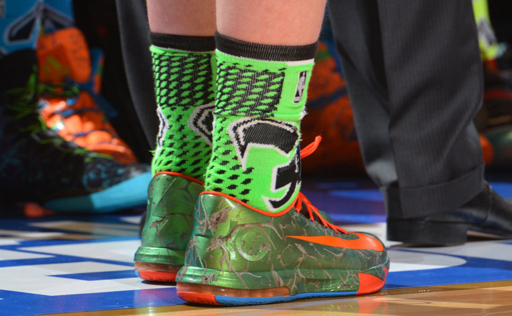 Kelly Olynyk wearing Nike KD 6 Big Game Hunter Custom