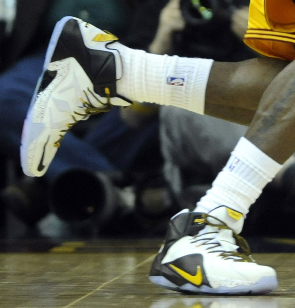 LeBron James wearing Nike LeBron XII 12 White/Black-Yellow PE (2)