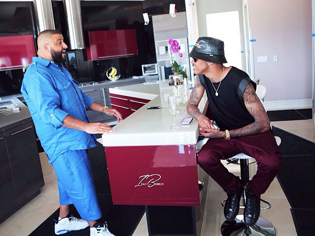 DJ Khaled wearing Air Jordan VI 6 Sport Blue; August Alsina wearing Balenciaga Arena