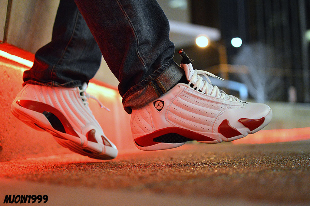 air jordan 14 candy cane on feet