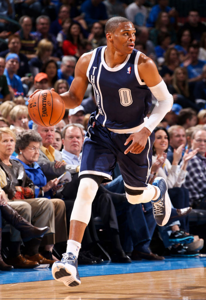 Russell Westbrook wearing Oklahoma City Thunder Alternate and Air Jordan XII 12 Obsidian