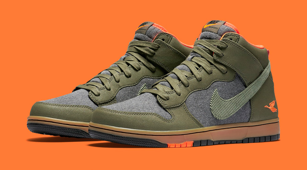 olive green nike dunks with orange inside