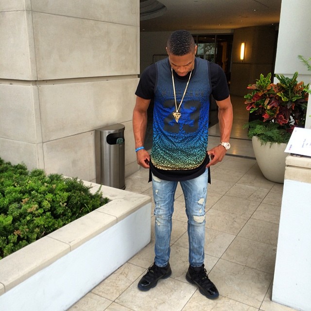 Russell Westbrook wearing Air Jordan XI 11 Gamma Blue