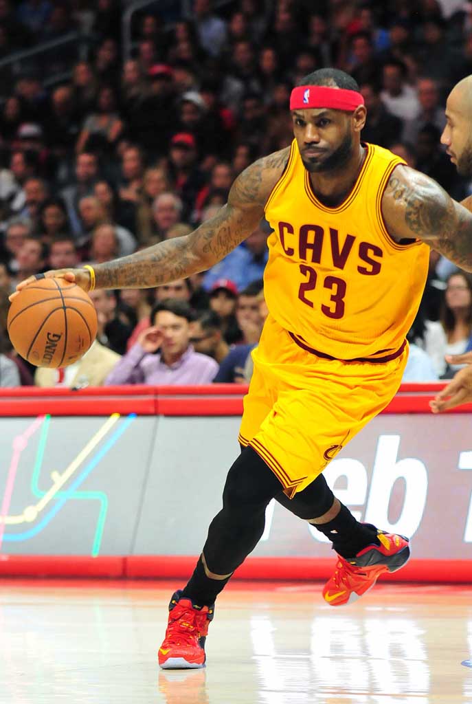 LeBron James wearing Red/Navy-Yellow Cavs Nike LeBron XII 12 PE (2)