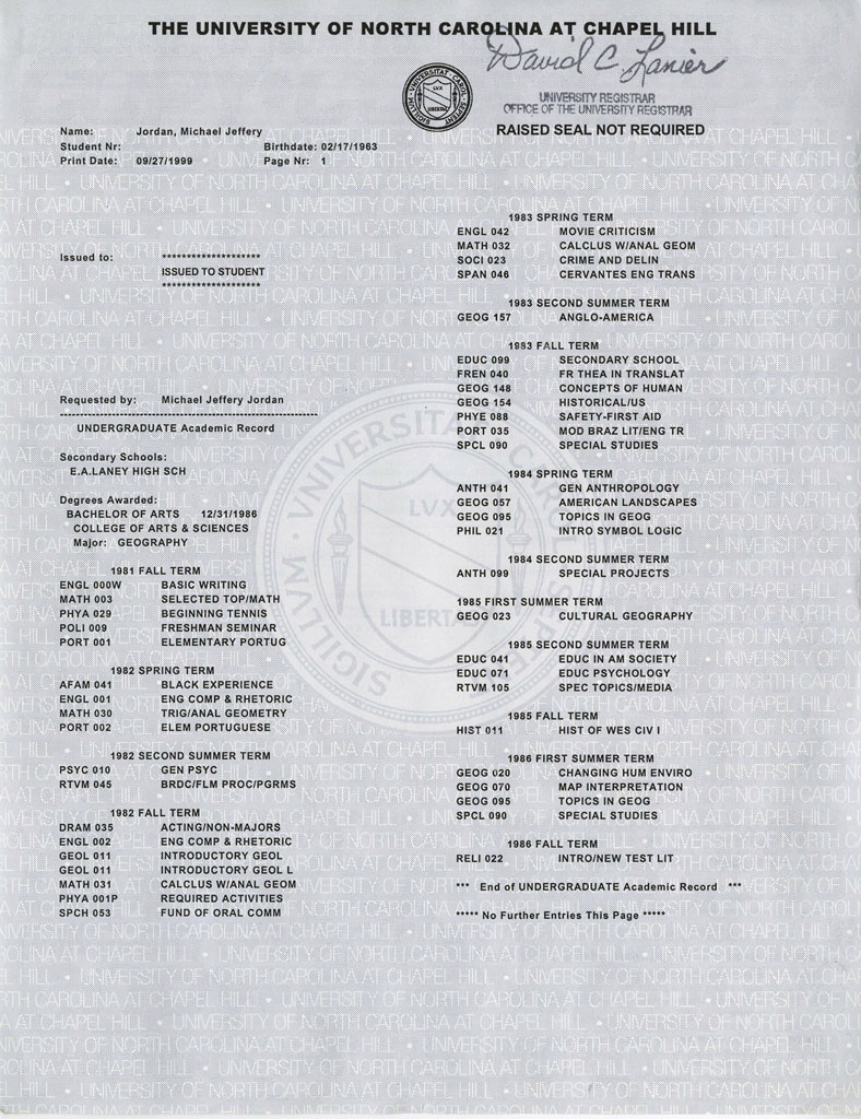 Michael Jordan's Undergraduate Transcript