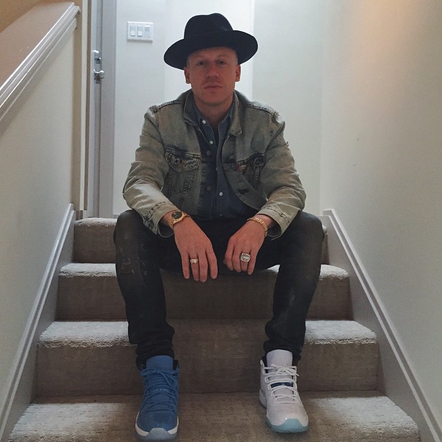 Macklemore wearing Air Jordan XI 11 Legend Blue & Gift of Flight