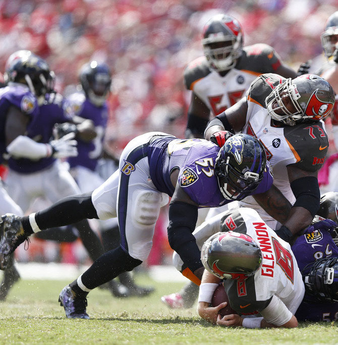 Terrell Suggs wearing Nike Vapor Pro Mid Ravens Galaxy by Dez Customz (2)