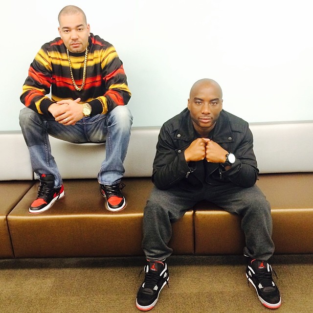 DJ Envy wearing Air Jordan 1 I Black/Red; Charlamagne Tha God wearing Air Jordan 4 Retro Black/Red