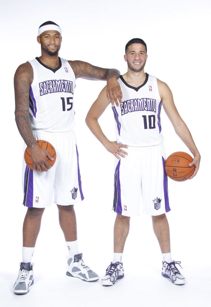 DeMarcus Cousins wearing Air Jordan VII 7 Retro Flint; Greivis Vasquez wearing Under Armour Anatomix Spawn Low