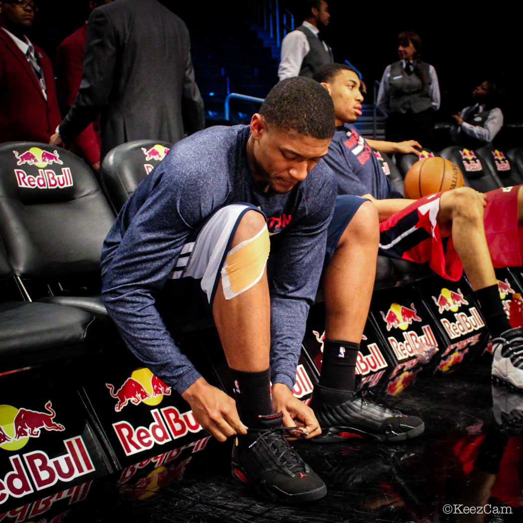 Sole Watch // Up Close At MSG for Nets vs Wizards - Bradley Beal Lacing Up Air Jordan 14 Retro Last Shot