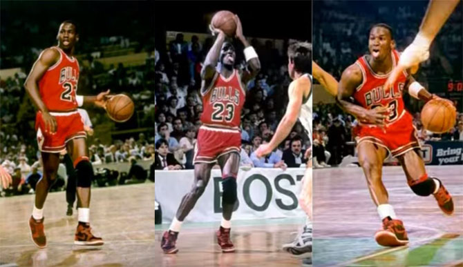 Michael Jordan w rzekomo zakazanej czerwono czarnej edycji sneakersów Air Jordan 1