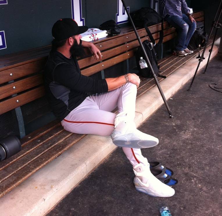 San Francisco Giants Pitcher Brian Wilson Wears Back to the Future Nike MAG Shoes at Practice  