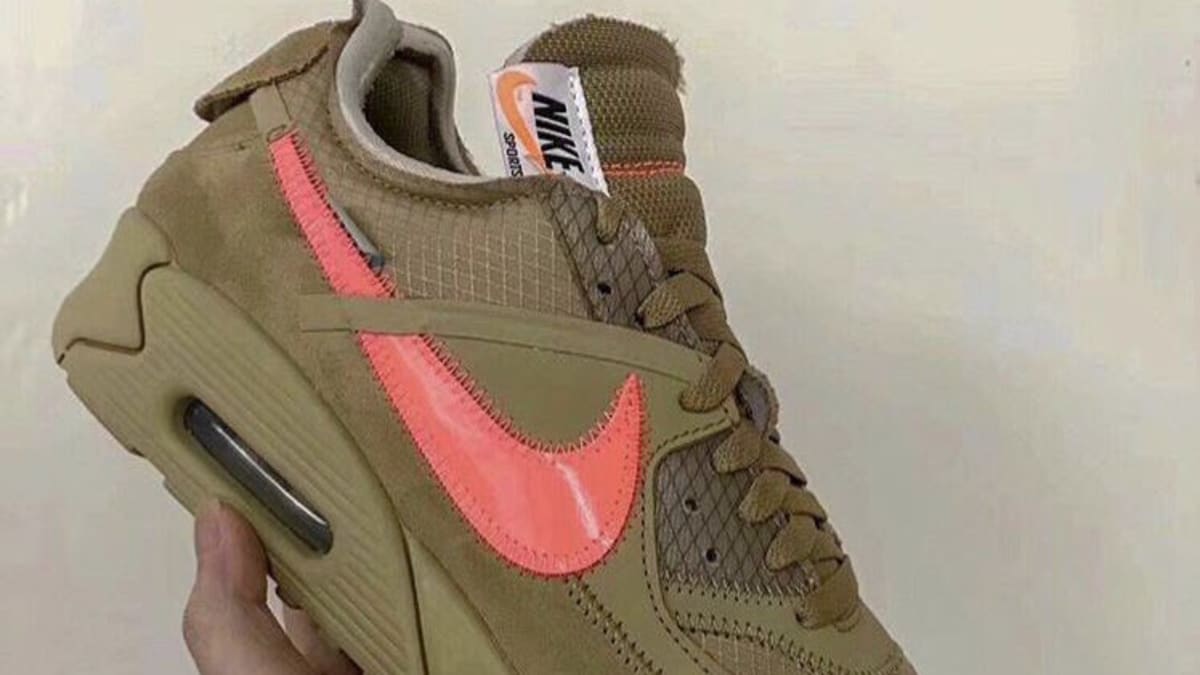 off white air max 90 desert ore on feet
