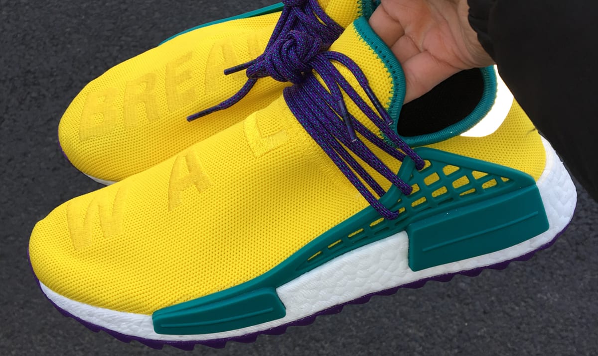 Pharrell x Adidas NMD Hu Breathe Walk Yellow Green Purple Side | Sole 