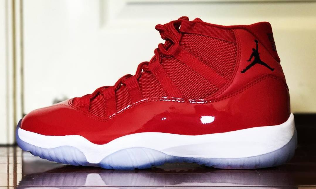 white and red jordan 11 high top