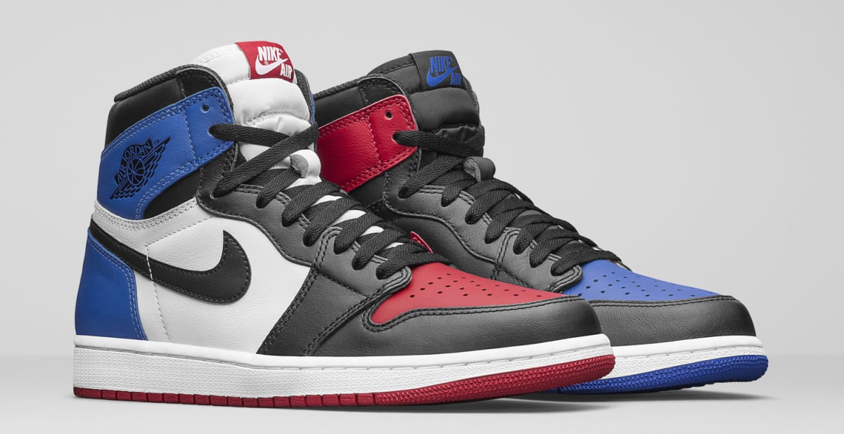 red and blue jordan 1's