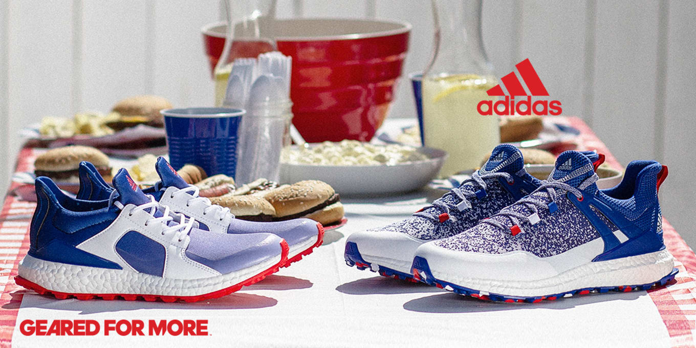 red white and blue adidas golf shoes